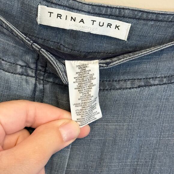 Trina Turk Chambray Pants Womens 37 Blue Linen Blend High Rise Frayed Hem Casual - Picture 7 of 8